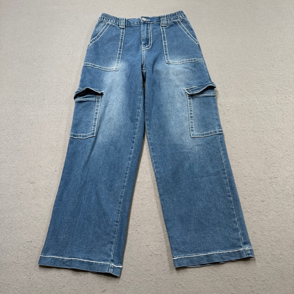 Y2K Style Cargo Jeans Womens 27 Blue Wide Leg High Rise Baggy Utility Stretch